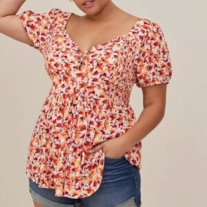 Torrid - Babydoll Crinkle Gauze Smocked Back Puff Sleeve Pink Floral Top - 3X